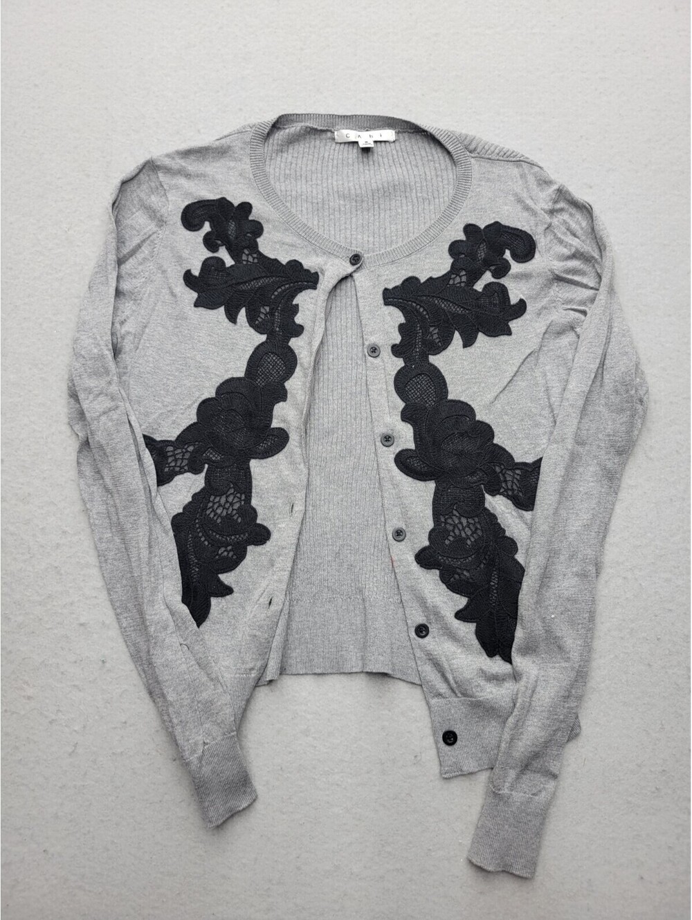 Cabi Women's Sweater Small Grey/Black Cardigan Floral 100% Cotton Casual